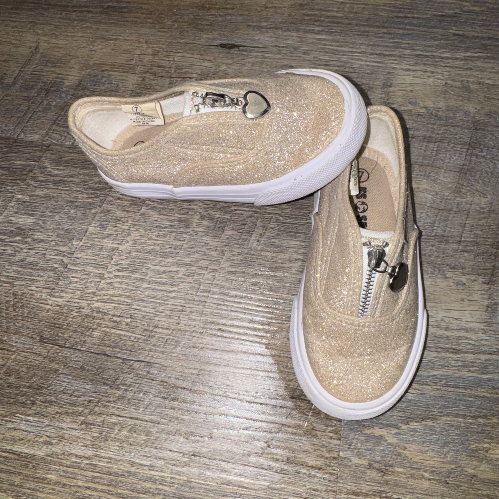 US Sports Girls Glitter Sneakers Toddler Size 7 Gold Zip Heart Slip On Shoes